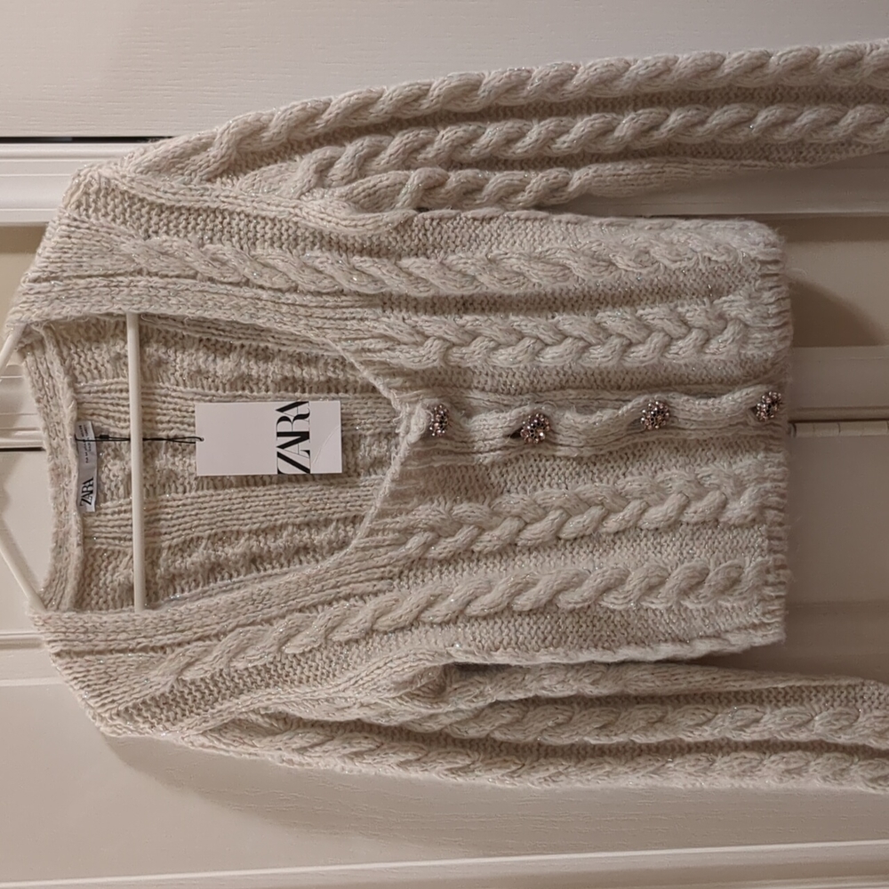ZARA medium cable knit cardigan with jeweled buttons, cream with tinsles